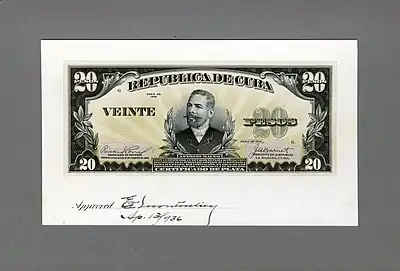 Maceo depicted on the original artist/progress proof designed by the US Bureau of Engraving and Printing for Cuban silver certificates (1936).