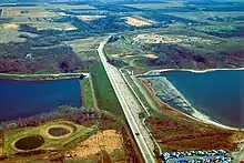 Barrier Dam, the second dam impounding Saylorville Lake. View is to the southeast.