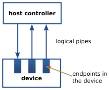 Diagram: inside a device are several endpoints, each of which connects by a logical pipe to a host controller. Data in each pipe flows in one direction, though there are a mixture going to and from the host controller.