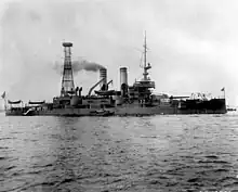 Photograph of USS Idaho with the aft cage mast installed.