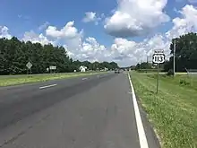 A four-lane asphalt road in a wooded area with some farmland, with a sign that says North 113