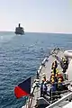 Sailors on board Babur  prepare for an underway replenishment with the US Military Sealift Command vessel, USNS John Lenthall in the Arabian Sea in 2007.