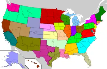 United States map showing each of the 32 Latin Church provinces