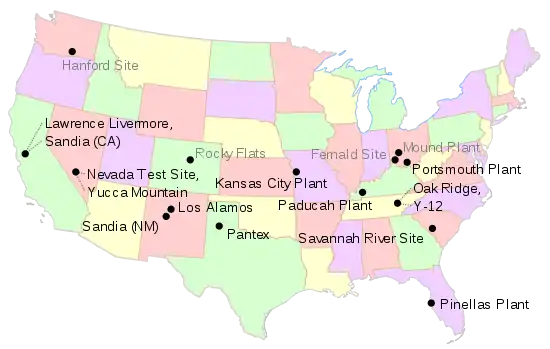 Map of major nuclear sites in the contiguous U.S. Grayed-out sites are not currently active.