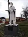 Monument to Konashevych-Sahaidachny in Manhush; unveiled in October 2017 at the initiative of the far-right political party National Corps and the Azov Regiment. The monument was dismantled on 7 May 2022 by Russian occupation authorities during the 2022 Russian invasion of Ukraine who claimed that the monument would be redeployed to an unmentioned museum.