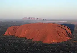 Aerial photo of Uluru and Kata Tjuta rock formations