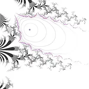 Julia set for 
  
    
      
        B
        (
        z
        )
        =
        λ
        a
        (
        
          e
          
            z
            
              /
            
            a
          
        
        (
        z
        +
        1
        −
        a
        )
        +
        a
        −
        1
        )
      
    
    {\displaystyle B(z)=\lambda a(e^{z/a}(z+1-a)+a-1)}
  
, where 
  
    
      
        a
        =
        −
        0.33258
        +
        0.10324
        i
      
    
    {\displaystyle a=-0.33258+0.10324i}
  
 and 
  
    
      
        λ
      
    
    {\displaystyle \lambda }
  
 is the golden ratio. Orbits of some points inside the Siegel disc emphasized. The Siegel disc is either unbounded or its boundary is an indecomposable continuum.