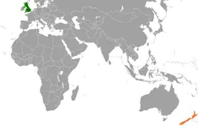 Map indicating locations of United Kingdom and New Zealand