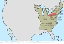 Map of the change to the United States in central North America on July 4, 1776