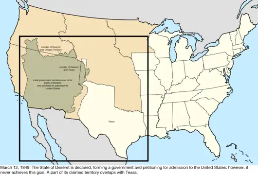 Map of the United States after the creation of the provisional State of Deseret on July 2, 1849