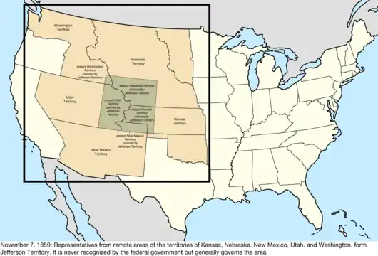 Map of the United States after the creation of the provisional Territory of Jefferson on October 24, 1859