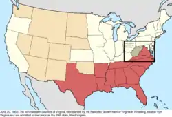 Map of the change to the United States in central North America on June 20, 1863