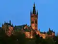 The Gilbert Scott Building of the University of Glasgow, as viewed from Kelvingrove Park, Glasgow. An example of the Gothic Revival style