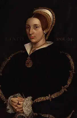 Unknown woman, formerly known as Catherine Howard. Late 17th-century. After Hans Holbein the Younger. (National Portrait Gallery)