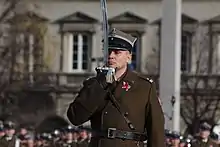 An officer of the regiment exercising the command of present arms.