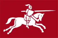 A charging knight, facing right, in white on a red rectangle.