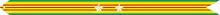 A yellow streamer with two green horizontal stripes on the outside and three horizontal red stripes and two silver stars in the center