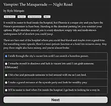 A screenshot of Night Road, with an entirely text-based interface. Near the top is the game's title and a number of buttons; below are two paragraph of narration; and below that are several options the player can choose from, along with a large button labeled "Next".