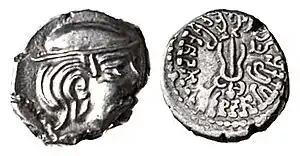 Coinage of Valabhi (Saurashtra), late 5th–8th century CE. Capped head right in Ksatrapa style. Trident with Brahmi legend around. of Maitraka Empire