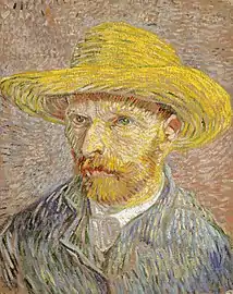 A portrait of Vincent van Gogh from the left, with a relaxed look, a red beard and wearing a straw hat.