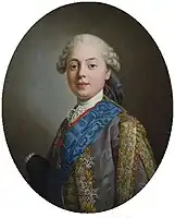 Charles X (1757–1836), the future King of France, as  Count of Artois in 1771, wears a curly powdered wig tied in a queue.