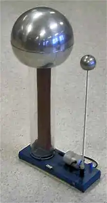  Large metal sphere supported on a clear plastic column, inside of which a rubber belt can be seen. A smaller sphere is supported on a metal rod. Both are mounted to a baseplate, on which there is a small driving electric motor.