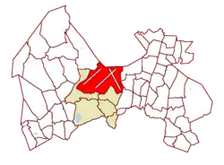 Location on the map of Vantaa, with the district in red and the Aviapolis major region in light brown.