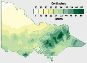 Average yearly precipitation:Victoria's rainfall is concentrated in the mountainous north-east and coast.