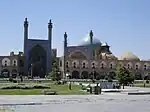 View of the mosque from Naqsh-e Jahan Square, showing the difference in orientation between the entrance and the rest of the mosque behind it