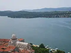 View of Sibenik Cathedral and sea from St. Michael's Fortress