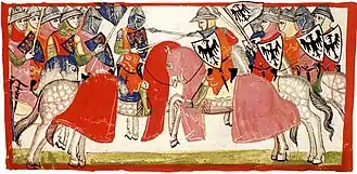 Knights fighting against each other, with shields each depicting either lilies or an eagle