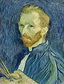 A portrait of Vincent van Gogh from the left (good ear) holding a palette with brushes.  He is wearing a blue cloak and has yellow hair and beard. The background is a deep violet.