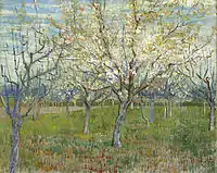 A painting of a blossoming orchard of trees under a bright blue sky.