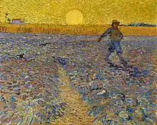 A man is scattering seeds in a ploughed field. The figure is represented as small and is set in the upper right and walking out of the picture. He carries a bag of seed over one shoulder. The ploughed soil is grey; behind it rises a standing crop and, in the left distance, a farmhouse. In the centre of the horizon is a giant yellow rising sun with emanating yellow rays. A path leads into the picture, and birds are swooping down.