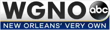 In a silver box, black letters W G N O and the ABC network logo. The box has a rounded lower right corner. Beneath is a blue box with white text reading "New Orleans' Very Own".