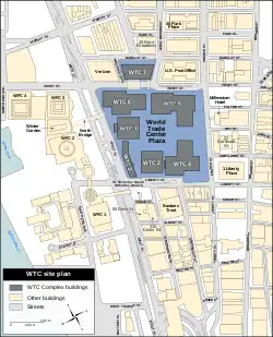 Map of WTC site. 6 WTC located in upper left corner of WTC Plaza.