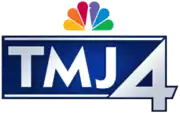 A stylized blue rectangle with white accents along its top and bottom. Between these accents, white capital text reading "TMJ" appears, without the "W" which is a part of the station's call letters. To its right, a larger numerical "4" appears, and centered above the "M" and the "J", the NBC Peacock logo appears.