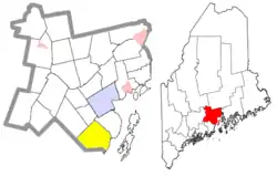 Location of Lincolnville (in yellow) in Waldo County and the state of Maine