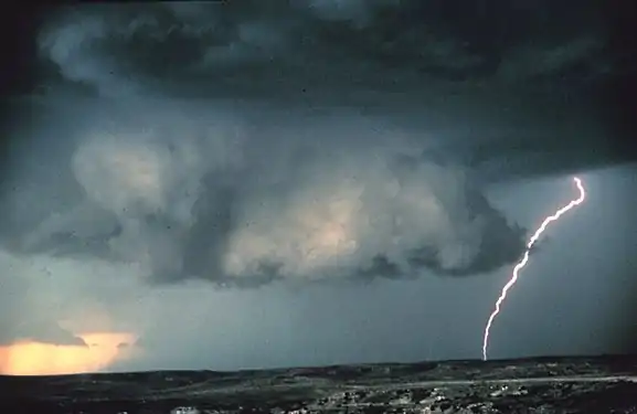 Mesocyclones are sometimes visually identifiable by a rotating wall cloud like the one in this thunderstorm over Texas.