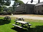 Forecourt walls, stiles and mounting block