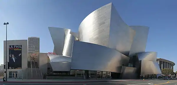 Stainless steel cladding is used on the Walt Disney Concert Hall