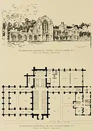 Perspective & plan of Washington Memorial Chapel (1908), Valley Forge, Pennsylvania