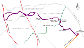 A scaled map illustrating the Purple Line route and its intersections with existing subway lines.