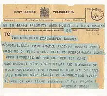 Telegram of 21 June 1916 from David Lloyd George, Minister of Munitions, to Joseph Watson, Chairman of Barnbow Amatol shell-filling factory.