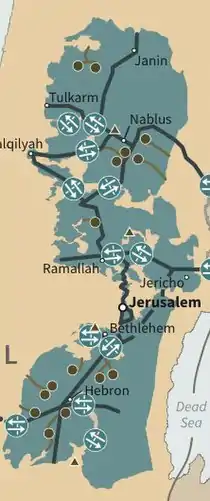 The official United States government map of the Trump peace plan, highlighting the Palestinian enclaves and the proposed transport corridors in green. (The tunnel to Gaza and proposed lands in the Negev Desert are not shown.)