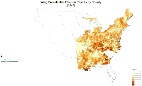 Map of Whig presidential election results by county