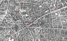 Victorian map of London marked with seven dots within a few streets of each other