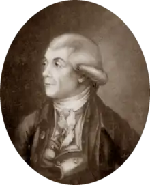 engraving of portrait of white man in left profile, clean-shaven, wearing a white late-Georgian wig