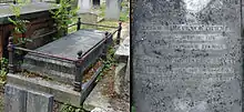 A granite, horizontal gravestone fenced by metal railings, among other graves in a cemetery