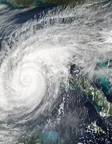 Satellite image of Wilma with an expansive area of rainbands to its east and northeast, covering most of Florida.